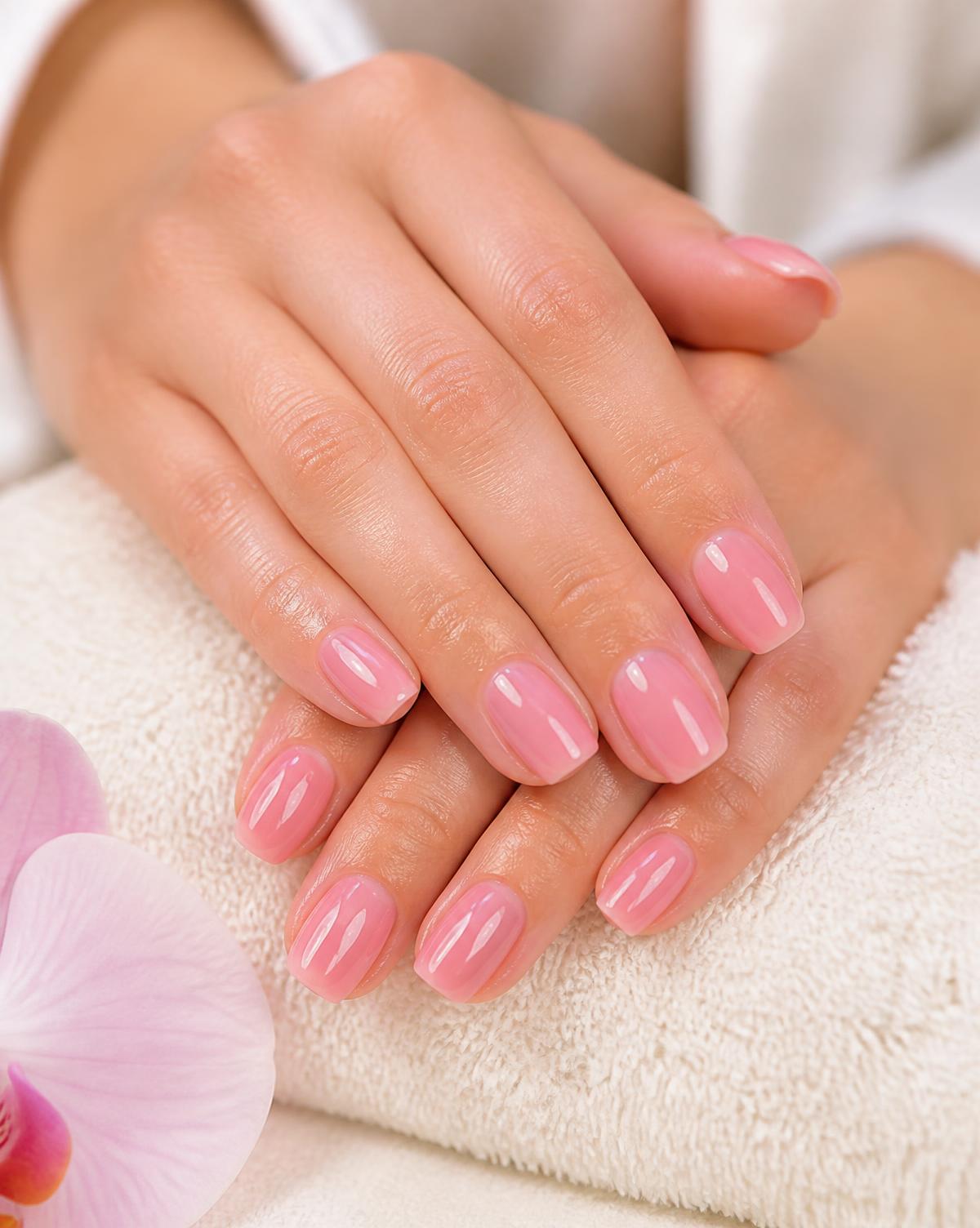 Manicure con esmalte gel rosa realizado en el spa